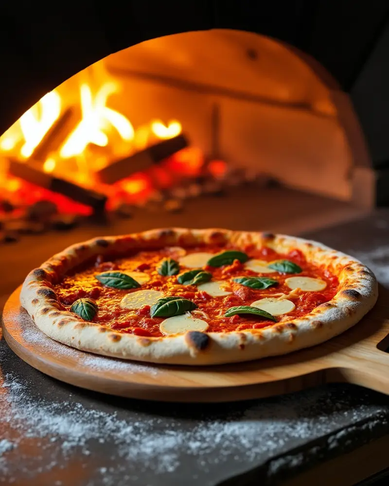 Pizza auf dem Holzschieber vor dem glühenden Ofenmund